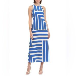 Donna Morgan Blue and White Geometric Sleeveless
Maxi Dress, Size 12